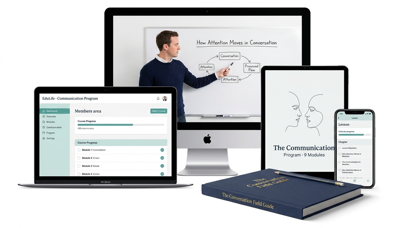 EduLife Communication Program members area, video lessons, course cover, mobile lesson view, and Conversation Field Guide companion book
